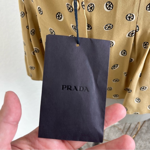 Prada Silk Circular Pattern Button Down Tan Short Sleeve Blouse Top - Picture 6 of 13
